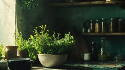 Herb garden on wooden counter in a rustic kitchen with natural light and steam rising