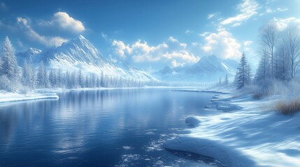 Fototapeta premium A picturesque winter wonderland with snow blanketed trees and mountains surrounding a crystal clear lake