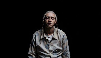 A Man with Braided Hair and White Shirt Against Black Background
