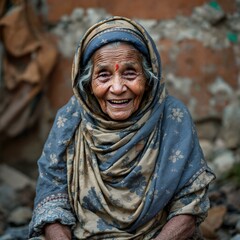 Aged Woman in Traditional Clothing Smiling Amidst Ruins