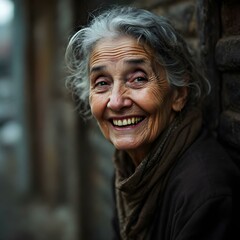 A Smiling Elderly Woman with White Hair and a Brown Scarf