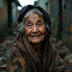Aged Woman in a Headscarf and Patterned Shawl in an Alleyway