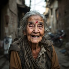 Aged Woman in Alley with Red Dot