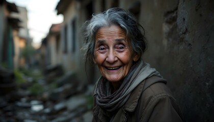 Smiling Elderly Woman in Alleyway with Dilapidated Buildings