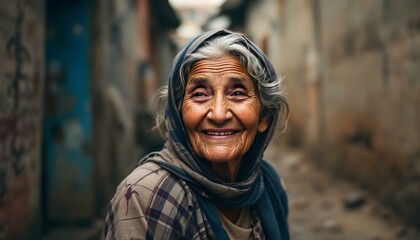 Smiling Elderly Woman in Alleyway with Headscarf