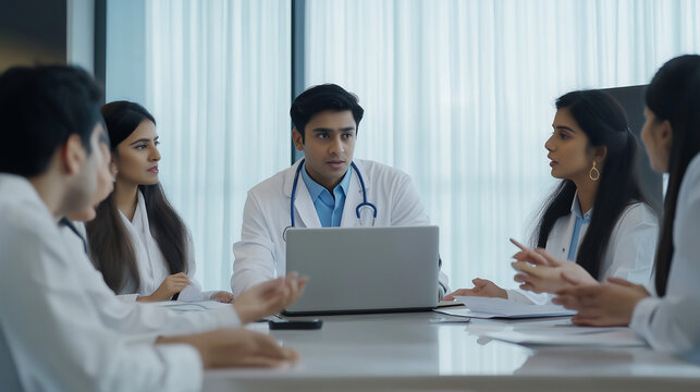 Group of medical professionals gathered in conference room with laptop, led by young Indian team leader explain, discuss topic, share treatment plan, offering solution, consider patient case together