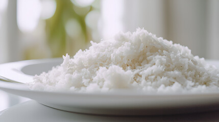 Pile of white shredded coconut on a white plate, showcasing a simple yet delicious ingredient.