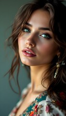 Glamorous Portrait of a Woman with Long Wavy Hair and Green Eyes
