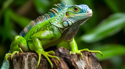 Obraz premium Green iguana perched on a tree stump, with a vibrant green and blue coloration 