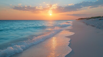 Sunset over tranquil beach shoreline tropical location nature photography serene environment wide angle view