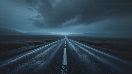 Naklejka premium A Solitary Path: The Road Unfolding Beneath a Shrouded Sky