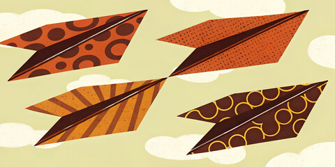 stylized paper planes pattern in mid flight with geometric designs on soft cloudy background