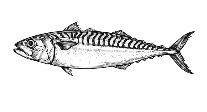 Detailed Black and White Mackerel Fish Illustration: Intricate Line Work, Realistic Texture, Scratch Board Style, Isolated on White