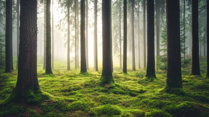 Naklejka premium Misty forest landscape with tall trees and lush moss covering the ground in a serene atmosphere during early morning hours