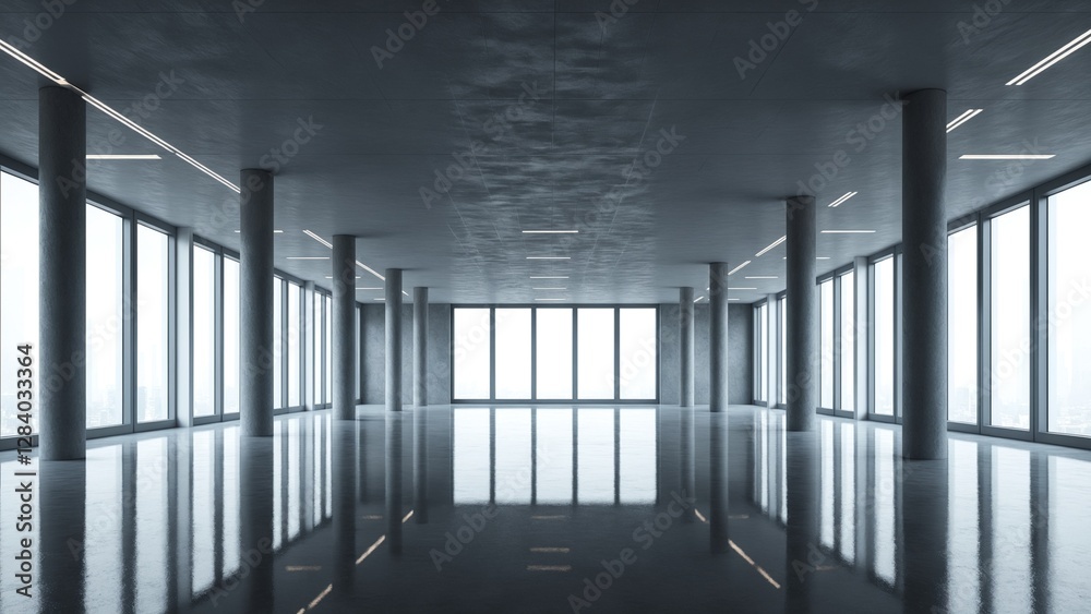 Poster modern huge concrete material empty hall with many columns and big white glowing windows