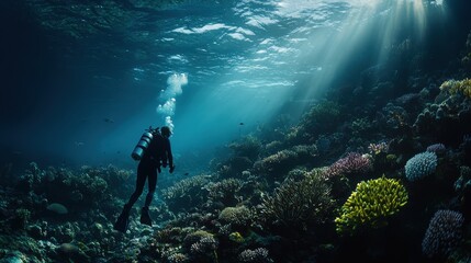 Fototapeta premium Vibrant coral formation thriving in a sunlit underwater ecosystem teeming with marine life