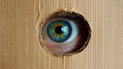 Curious eye peeks through a cardboard door keyhole.