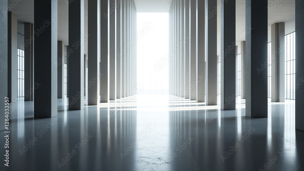 Poster modern huge concrete material empty hall with many columns and big white glowing windows