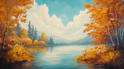 Fall scenery painted in oil. A beautiful handmade art. 