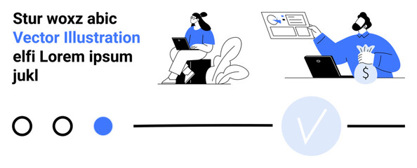 Two characters with laptops, one holding a money bag. Typographic elements and progress indicators in black and blue. Ideal for business, finance, technology, web design, presentations, education