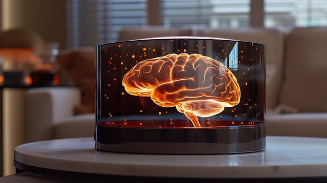 A digital hologram displaying a dynamic map of the human brain, showing real-time activity.

