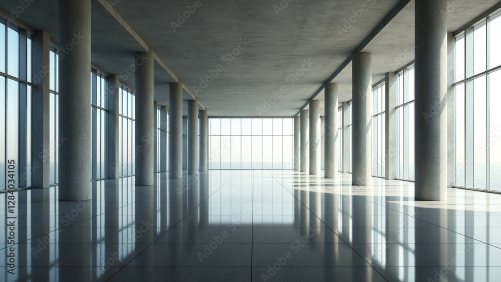 Poster Modern Huge Concrete Material Empty Hall With Many Columns And Big White Glowing Windows