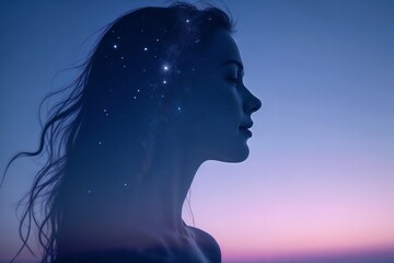 Double Exposure Woman Serene Dreamscape Gazing at Stars and Moon