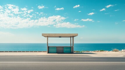 Toll booth on a coastal road with the ocean visible in the background. Featuring ocean views and coastal roads