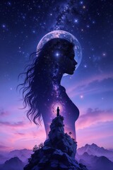 Cosmic Woman Silhouette Lunar Mountain