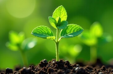 Young green seedling emerging from rich soil in sunlit garden environment