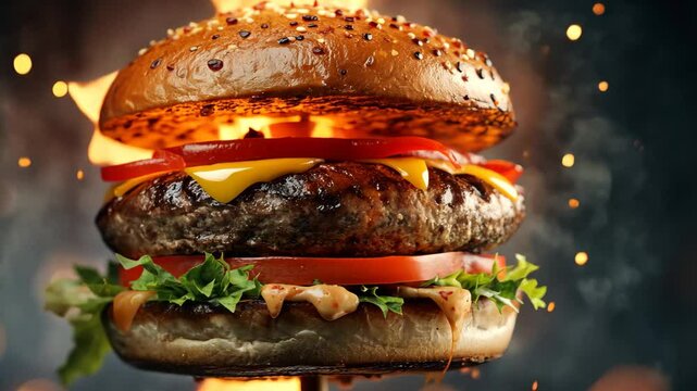 Closeup of a sizzling burger with flaming toppings and vibrant ingredients on a dark background, A close-up burger with fire Fast food and burgers made with generative artificial intelligence