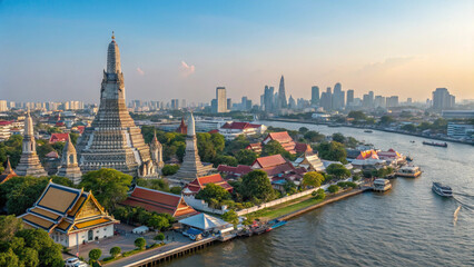 Fototapeta premium The architectural beauty of Wat Arun in Bangkok shines under the evening sun, blending tradition and modernity seamlessly.