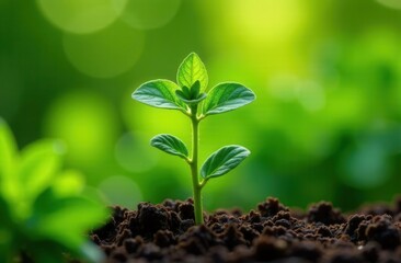 Naklejka premium Young green seedling growing in rich soil with sunlit background