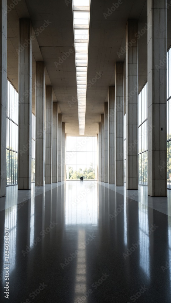 Poster modern huge concrete material empty hall with many columns and big white glowing windows