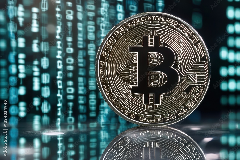 Poster close up of a shiny bitcoin coin with a digital binary code background, representing cryptocurrency,