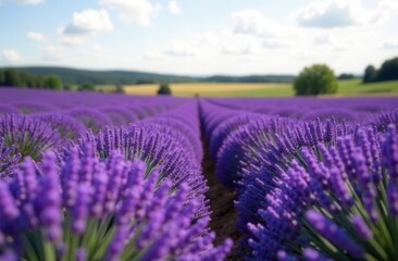 Fototapeta premium Lavender field under clear sky in blooming countryside landscape