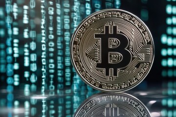 Close up of a shiny bitcoin coin with a digital binary code background, representing cryptocurrency, blockchain technology and the future of digital money and investment.