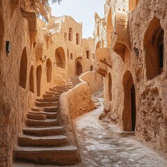 A serene alleyway featuring ancient, earthen architecture and winding pathways that evoke a sense of history and exploration.