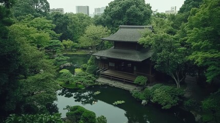 A wide-angle shot from an elevated angle using a telephoto lens, capturing a traditional wooden teahouse nestled in a serene garden in Tokyo. The scene includes lush greenery, a koi pond,