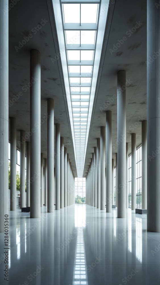 Poster modern huge concrete material empty hall with many columns and big white glowing windows