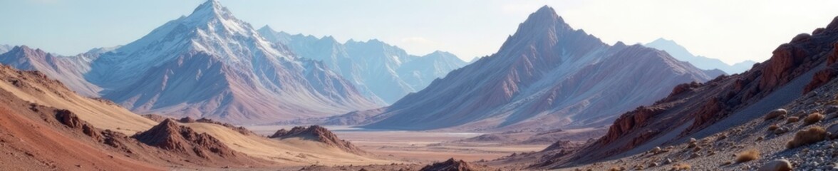 Naklejka premium Mountain range with layered metamorphic rocks, mountain range, mineral texture, rocky terrain