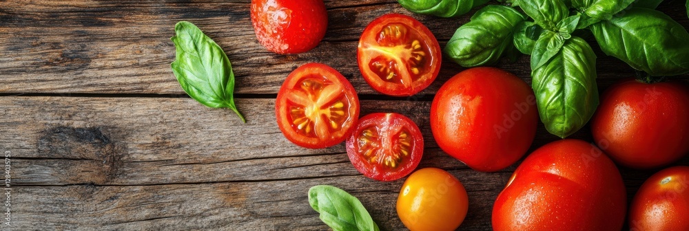 Poster fresh tomatoes and basil arranged on rustic wooden surface for culinary inspiration and healthy eati