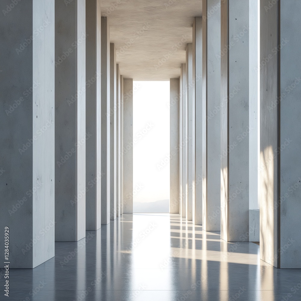 Poster modern huge concrete material empty hall with many columns and big white glowing windows