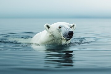 Naklejka premium Close-up of a powerful polar bear swimming effortlessly in the serene arctic waters, its white fur contrasting beautifully with the blue sea, a captivating wildlife portrait.