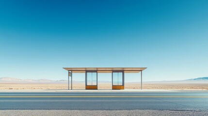 Toll booth on a deserted highway stretching across the desert. Featuring expansive, barren land and clear blue skies