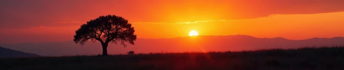 Fototapeta premium Olivo dorato con foglie amari, silhouetted against a warm orange sky at sunset, Italia, secco, Salento