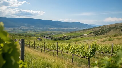 Naklejka premium Sunlit Vineyard Landscape with Rolling Hills and Mountains