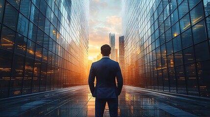 Obraz premium Back of businessman in suit with business office glass modern buildings background for financial freedom portfolio or company profit and strategy growth IPO poster,