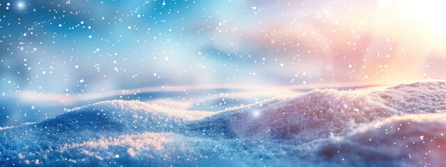 Winter snow background with snowdrifts, with beautiful light and snow flakes on the blue sky in the evening soft warm sunlight.