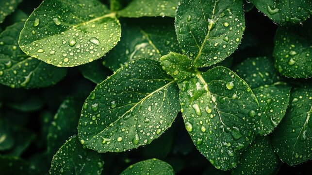 Close up macro shot of fresh green leaves with water droplets on a natural background